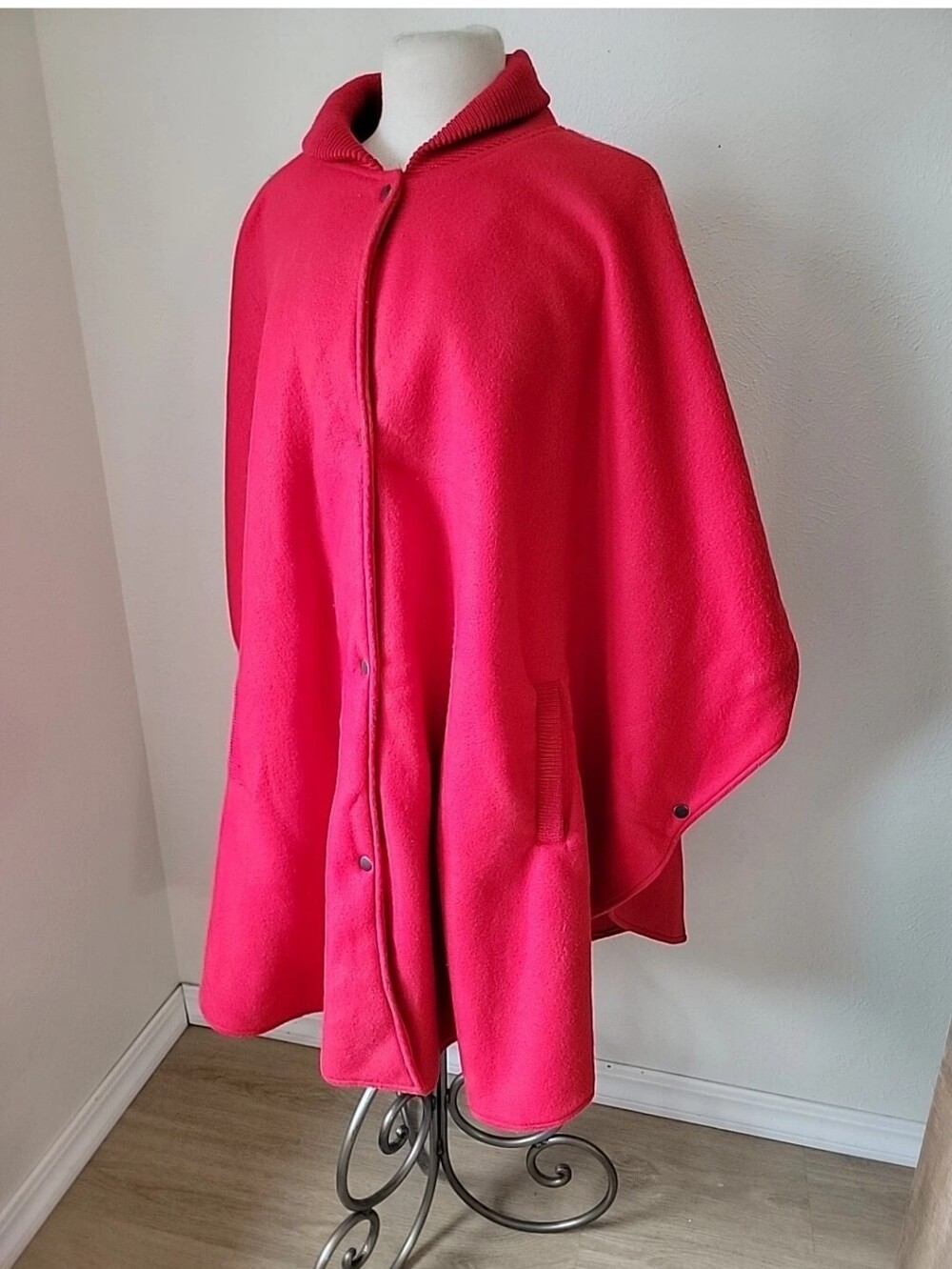 Women's Red Fleece Cape Coat - Elegant Button-Front Outerwear
